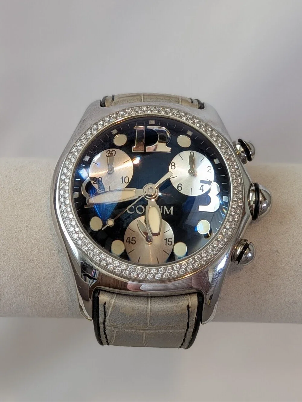 Corum Boutique Bubble Quartz Chronograph Black/Silver Dial SS Case White Leather